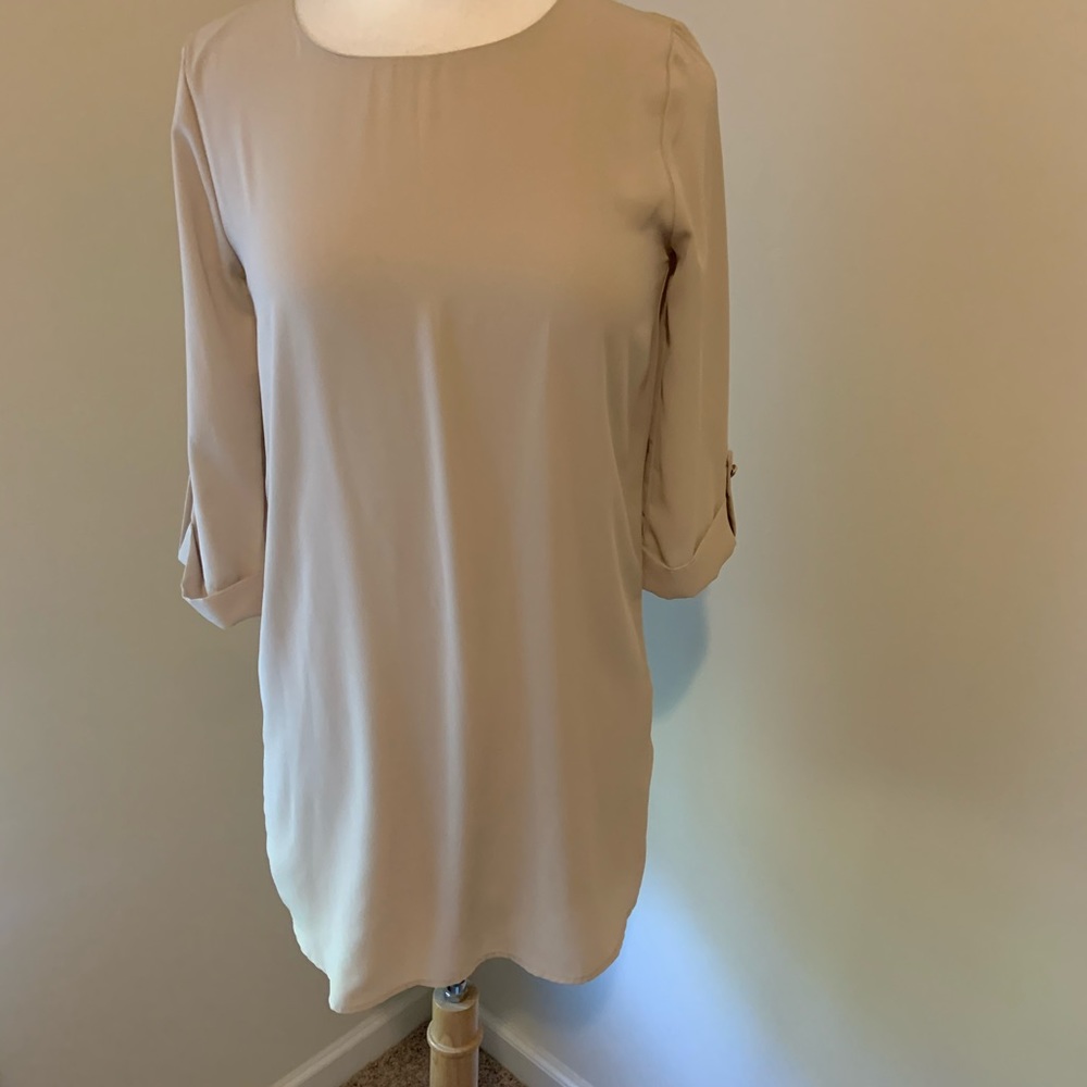 New stone color cuffed tab shift dress